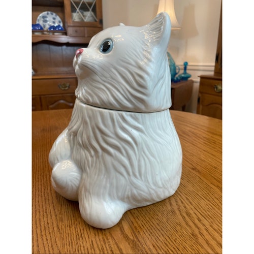 Mid Century 1960s Ceramic MDM White Cat Blue Eyes shops Lidded Cookie Jar by Metlox California USA