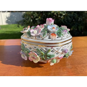 Vintage German Made KPM Porcelain Raised Floral Hand Painted & Gold Jewelry Trinket Box