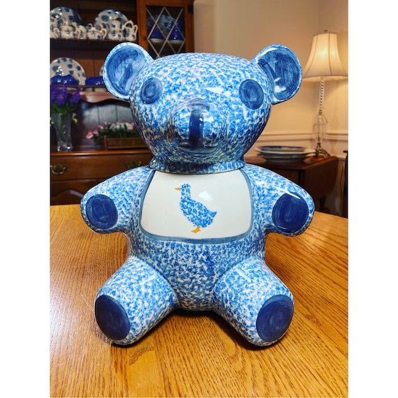 Vintage 1960s Hand Decorated Blue White Speckled Sponge wear Teddy Bear lidded Cookie Jar collectable Jar ceramic Jar by N.S. Gustin Co. Etsy