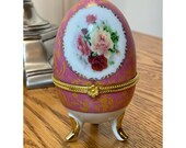 Vintage Pink Traditional Romantic Floral Limoges Porcelain Faberge Egg Figurine Hand Painted Trinket Box Made In France