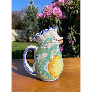 Vintage Hand Painted Italian Clay Stoneware Rooster 14 oz. Mini Water Pot Pitcher Made in Italy for LA TAVOLA