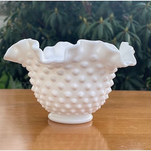 Vintage FENTON Art Glass Crimped  Hobnail Milk Glass Hand-Made Candy Dish Bride&#39;s Bowl Wedding Bowl