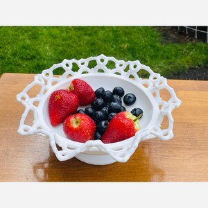 Vintage Atterbury Milk Glass Flared Lace Ruffled Edge Candy Dish Wedding Bowl Berry Bowl