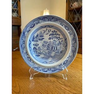 Vintage Ceramic Made In England Round Transferware Platter Bowl Blue White Asian Art Pattern Replacement 10 1/2&quot; X 10 1/2&quot;