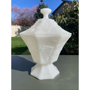 Vintage White Milk Glass Paneled Grape Pattern Octagonal Shaped Footed Pedestal Glass Candy Bowl Accent Table Dish With Lid