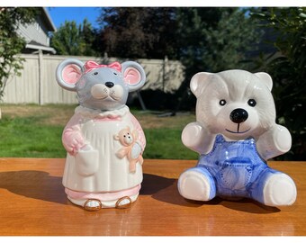 Vintage Ceramic Girl Mouse or Boy Teddy Bear Mini Ceramic Childs First Coin Bank Made In Japan (Sold Separately)