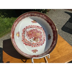 Vintage Chinoiserie Japanese Porcelain Hand Painted Bowl with Wagon and Wild Flowers Maroon & Gold Toyo Japan Bottom Marked Original Label