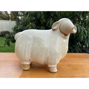 Vintage Glazed Ceramic Standing Sheep Statue