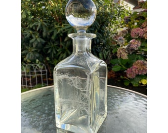 Vintage Heavy Glass Etched Golf Themed Whiskey Decanter With Stopper