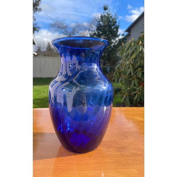 Vintage 8" Cobalt Blue Swirl Illusion Non-Flashed Blown Glass Vase Made In the USA by Indiana Glass Company