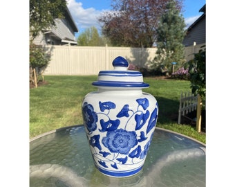 Fancy Vintage 1990s Blue White Floral Porcelain Ginger Fancy Jar/Utensil Jar by Boston Warehouse Trading Corp