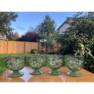 Rare Vintage Set of 4 Avocado Green Footed 8 oz Sherbet Cups Mid Century Fruit Embossed Glass Dessert Cups Hard To Find Vintage Glassware