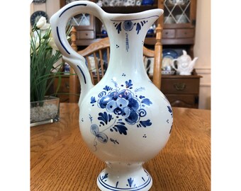 Vintage Signed DELFT Blue Handled Vase Hand Painted Windmill Hand Painted 9" Tall Made In Holland