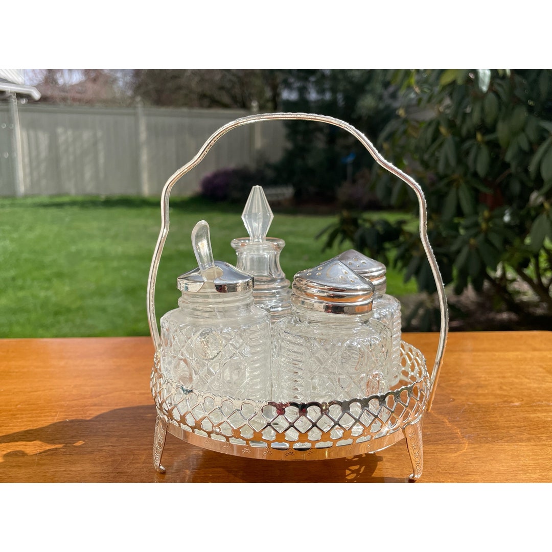 Vintage Mayell EP on Steel Button Pattern Glass Condiment Salt Pepper