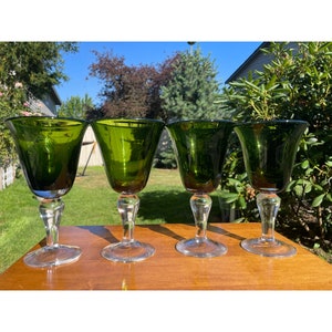 Mid Century Heavy Avocado Green Hand Blown Glass with Clear Stem Wide Base Water Wine Margarita Cocktail Goblets Set of 4