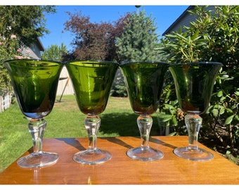 Mid Century Heavy Avocado Green Hand Blown Glass with Clear Stem Wide Base Water Wine Margarita Cocktail Goblets Set of 4