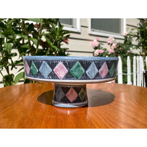 Vintage Swedish Pottery/1960s Ceramic Bowl/Aztec Pattern Home Decor/Fine shops Art Pottery/Round Footed Houseplant Bowl by Laholm Made In Sweden