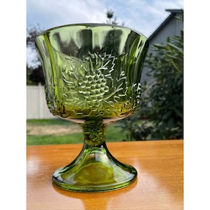 Vintage Avocado Green Glass Round Shape Grape Harvest Pattern Mid Century Footed Candy Dish Table Accent Vase Bowl Indiana Glass Company