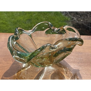Vintage Modern Archimede Seguso Murano Italy Light Green Glass Sculpture Candy Bowl Controlled Bubbles Art Glass Table Centerpiece