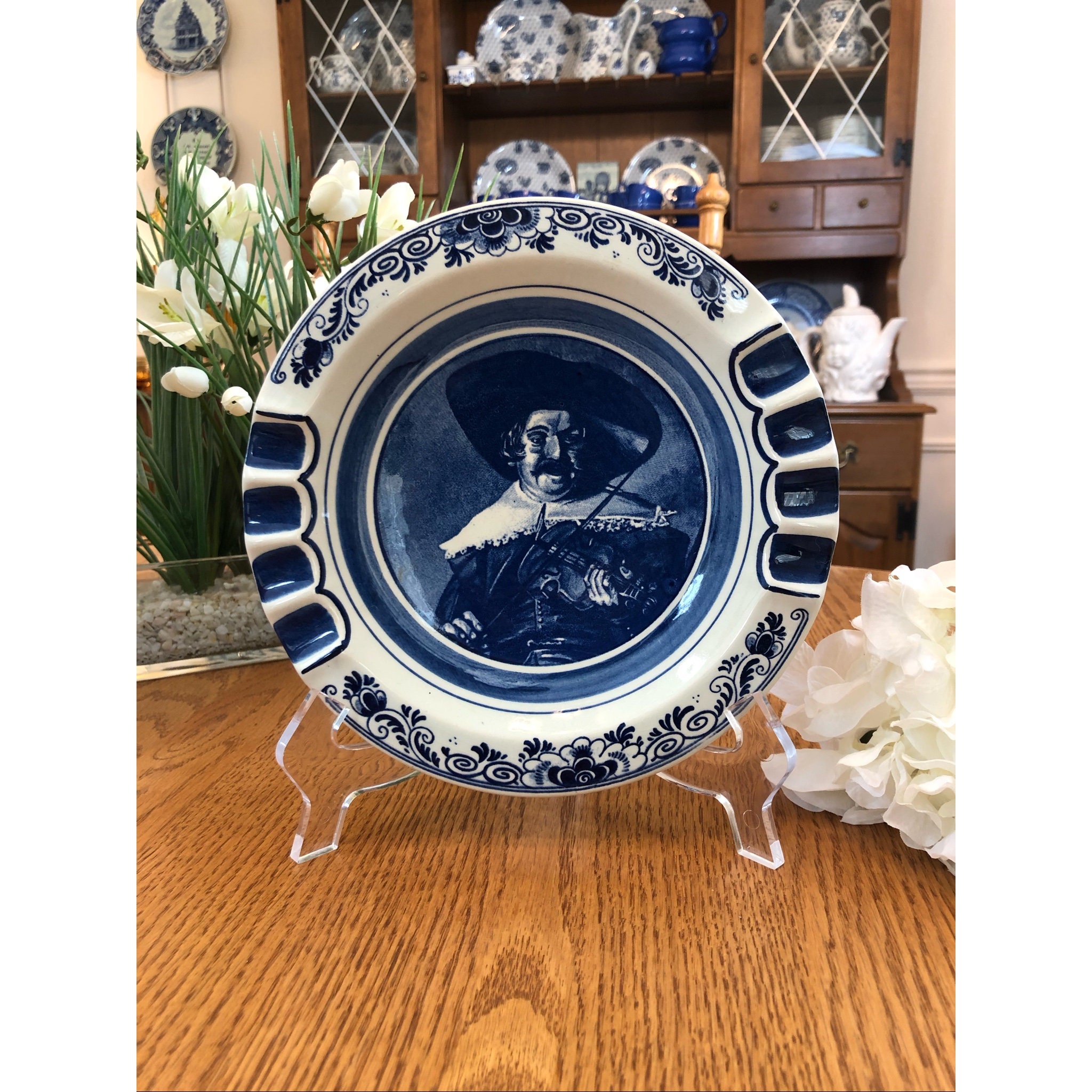 Vintage Delft Blauw Ceramic Ashtray Multifunction Dish/Plate "Daniel Van Aken" Playing The Violin Made In Holland 8" X 8"