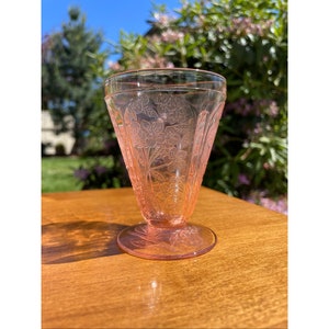 Vintage 1930s Cherry Blossom Pattern Elegant Pink Depression Glass Footed Tumbler by Jeannette Glass Co. USA