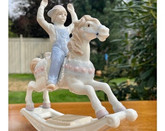 Vintage Paul Sebastian Style Boy Riding Rocking Horse Porcelain Figurine Statue Boys Nursery Room Decor by Enesco