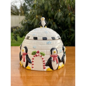 Vintage Igloo Penguins Hand Painted Ceramic Lidded Sugar Dish by Sakura China