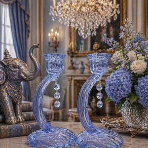 Pair of 1940s Cambridge Glass Caprice Candlesticks – Moonlight Blue Crystal, Shell Foot, Prism Accent