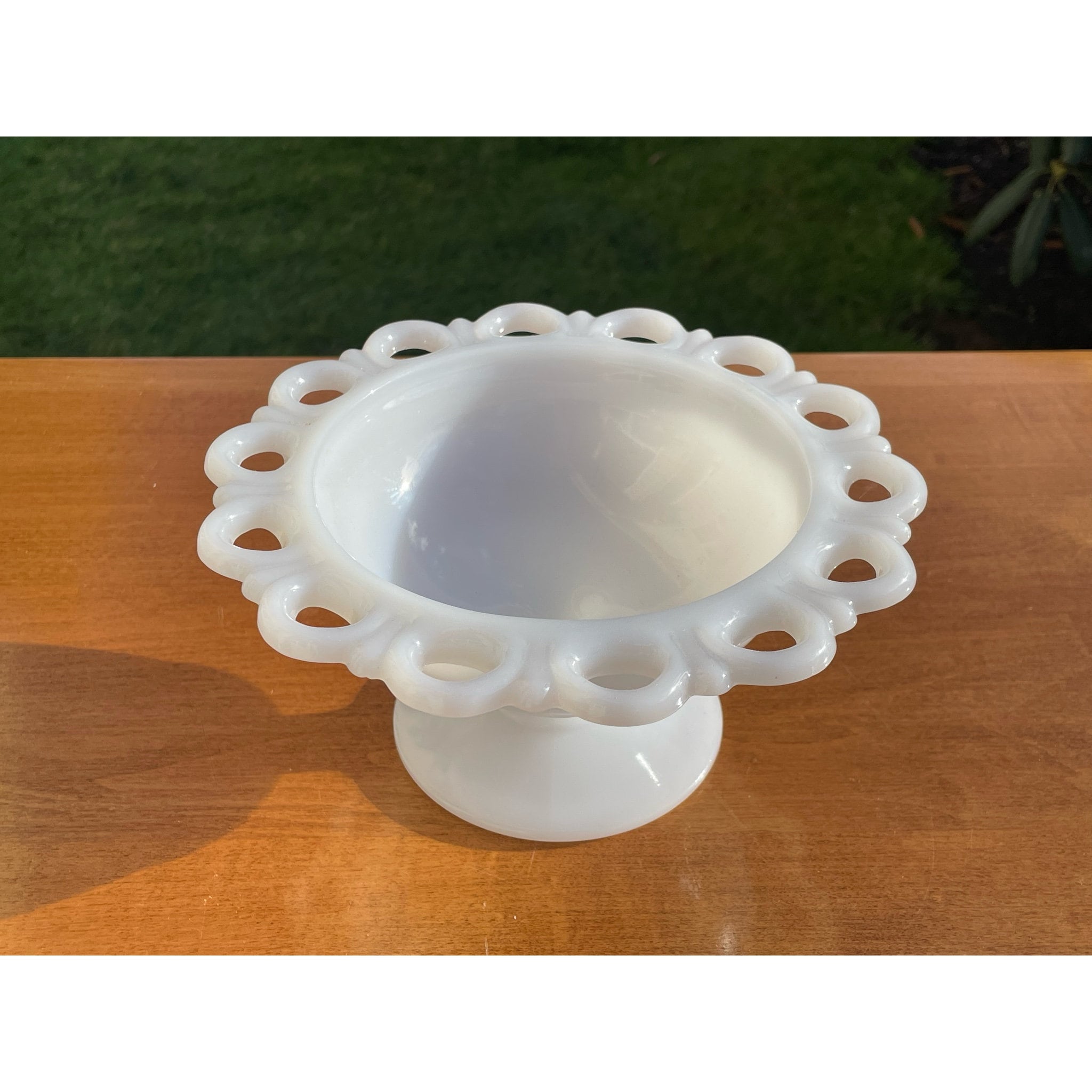 Vintage 1930s White Milk Glass Old Colony Pattern Lace Edged Open Lace Round Comport Bowl by Hocking Glass USA