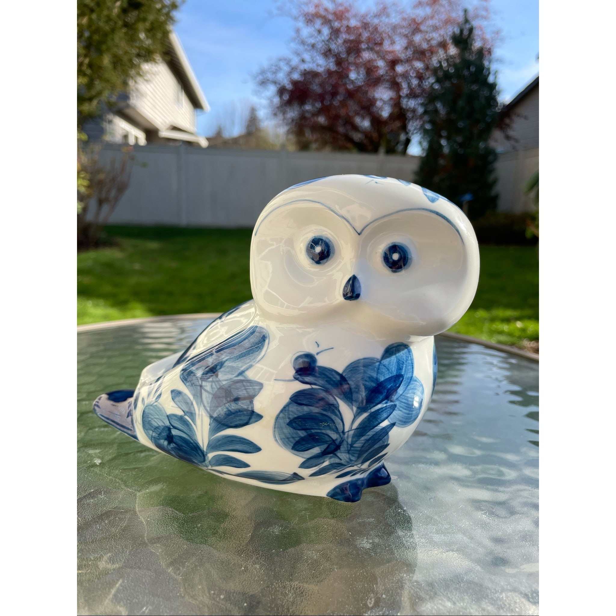 Ceramic Owl Blue White Owl Figurine Decorative Statue Home Etsy