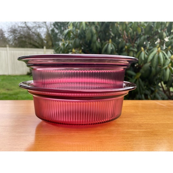 3 Piece Visions Ribbed Cranberry Tint Cookware by Corning No Lids 1 Pint  450 Ml Made in USA 