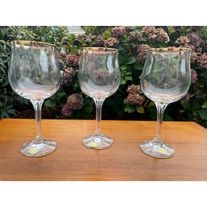 Vintage Bohemia Lead Crystal Wine Glasses – Set of 4 Gold Rim Cut Pattern Stemware – Made in Czechoslovakia