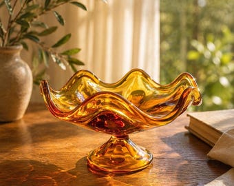Viking Epic Amber Glass Pedestal Bowl – Mid Century Art Glass Centerpiece