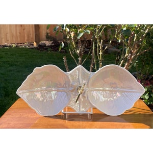 Vintage California Pottery Double Leaf Glazed Iridescent Ceramic Gold Brass Handle Tidbit Nut Candy Centerpiece Tray Cal Style 286 USA