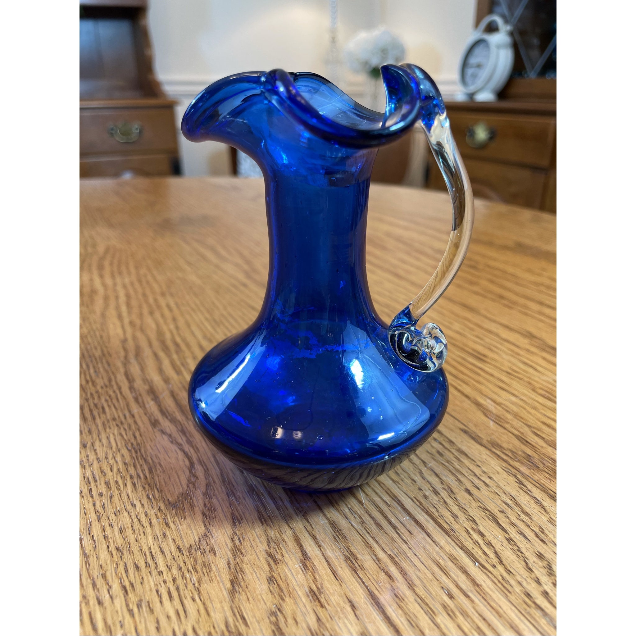 1950s Vintage Hand-Blown Small Glass Pitcher With Applied Handle