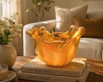 Murano Amber Art Glass Centerpiece Bowl – Italian Cristal, Mid-Century Modern