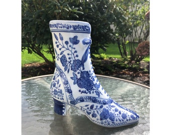 Vintage Blue White Victorian Fine Porcelain Lady's Boot Planter/Decorative/Vanity Deco