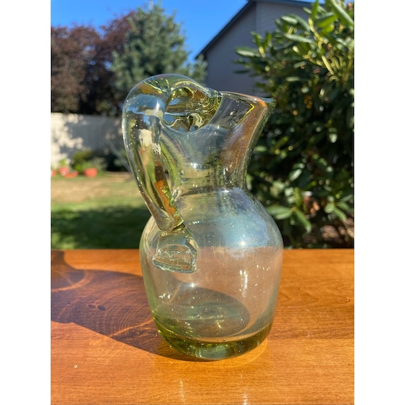 Vintage Hand Blown Pale Green Small Art Glass Pitcher With Applied