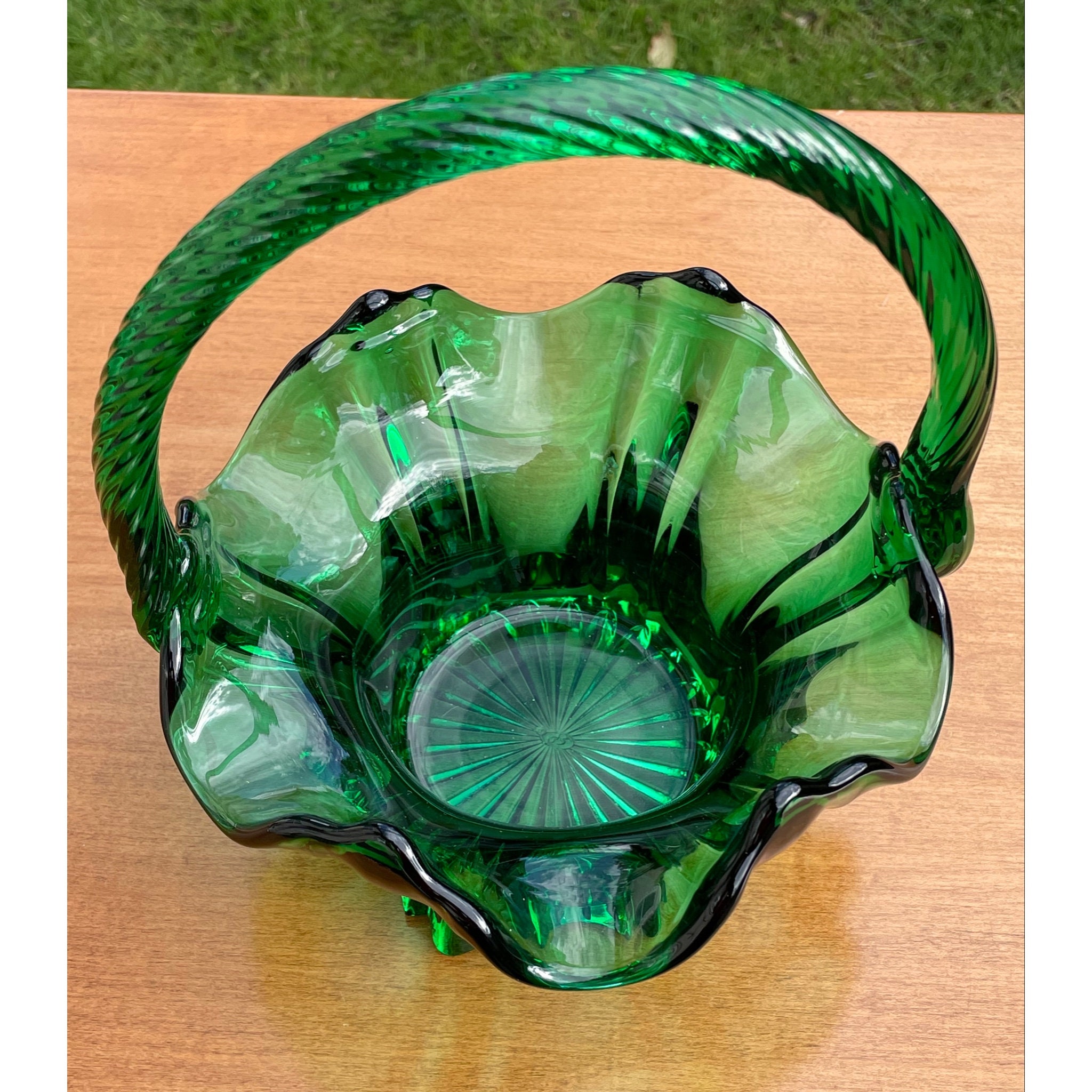 フェントン アンティークantique エメラルドグリーンバスケット アメリカ VINTAGE FENTON GREEN DEPRESSION GLASS BASKET WITH BRAIDED