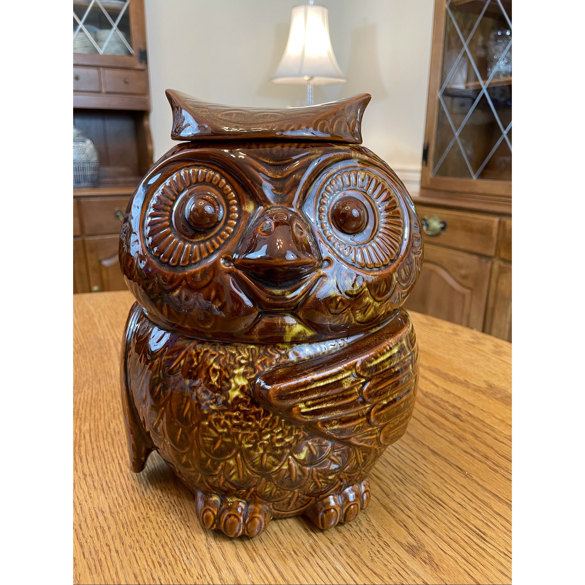 Vintage Ceramic 1970s Brown Owl Lidded Cookie Jar/wise Owl/night
