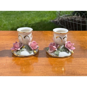 Victorian Dresden Sandizell Höffner & Co Crown N Capodimonte Pink Rose Gold Accent Fine Porcelain Candlestick Holders Made In Germany