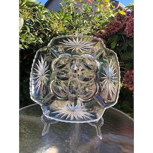 Vintage Glass Deviled Egg And Veggie Serving Platter/Serveware/Scalloped Lip Star Pattern 12" X 12"