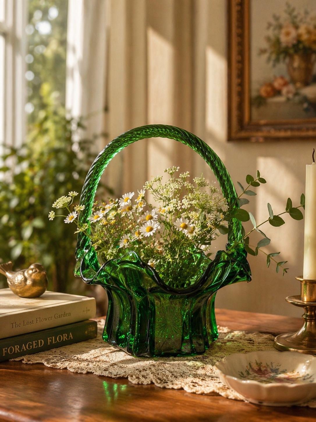 Vintage Fenton Art Glass Basket: Emerald Green, Lambs Tongue