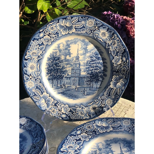 Vintage Independence Hall Liberty Ceramic Blue Original Cooper Engravings Of Historic Colonial Scenes Staffordshire Ironstone 15 Plates