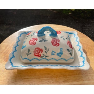 Boleslawiew Polish Pottery Covered Butter Dish Floral & Chickens Hand Made In Poland