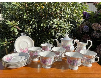 Korosten Porcelain Quality Made Lavender Floral Pearl Lustreware w/Gold Trim Ukrainian/Teapot/Teacup/Saucer/Creamer Made In Ukraine