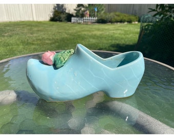 Vintage 1960s Blue Clog w/Flower Ceramic/Home Gardening/Home Garden/House Planter/Ceramic Planter by McCoy Pottery Made In USA