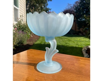 Vintage Mid Century Classic Frosted Blue Satin Glass Lotus Blossom Tall Candy Compote Dish By Indiana Glass Company USA