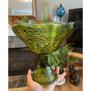 Vintage Avocado Green Glass Round Shape Grape Harvest Pattern Mid Century Large Footed Dish Table Accent Vase Flared Bowl Indiana Glass Co