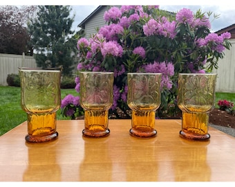 Vintage 1970s Libbey Amber Country Garden Embossed 12oz. Beverage Glasses Set of 4 by Libbey Glass Co. USA Made